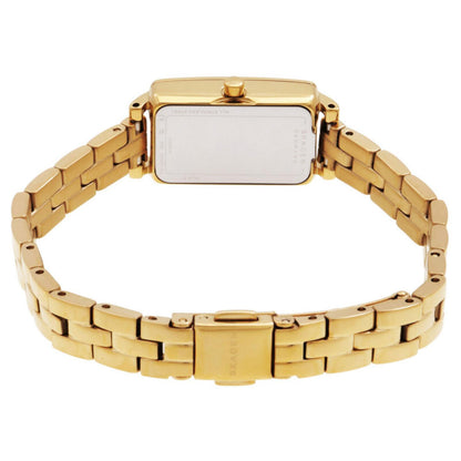 Skagen Hagen Micro SKW3154 women’s gold-tone dress watch with rectangular caseback, gold-tone stainless steel bracelet and Skagen clasp detail.