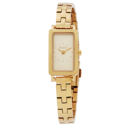 Skagen Hagen Micro SKW3154 women’s gold-tone dress watch with rectangular case, champagne dial and gold-tone stainless steel bracelet.