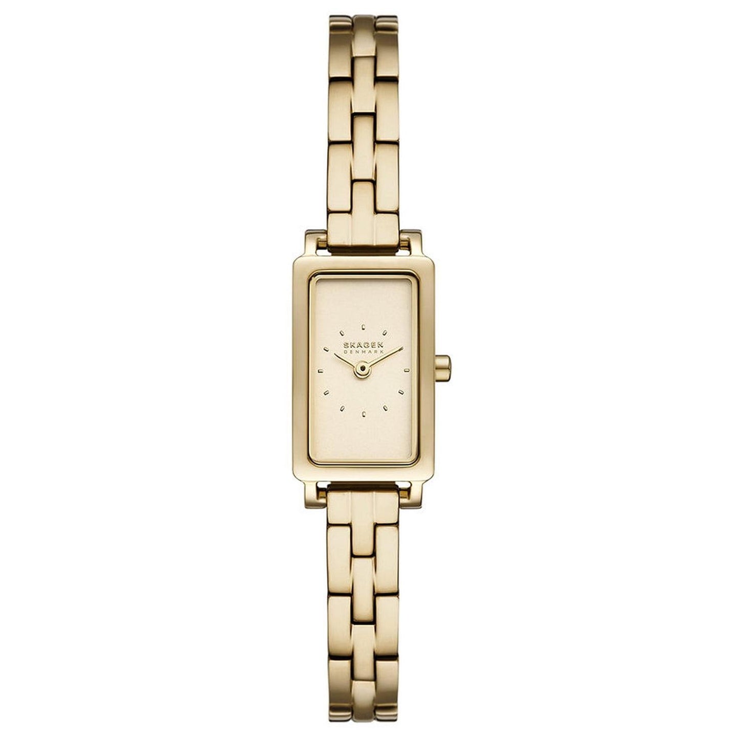 Skagen Hagen Micro SKW3154 women’s gold-tone dress watch with rectangular case, gold dial and gold-tone stainless steel bracelet.