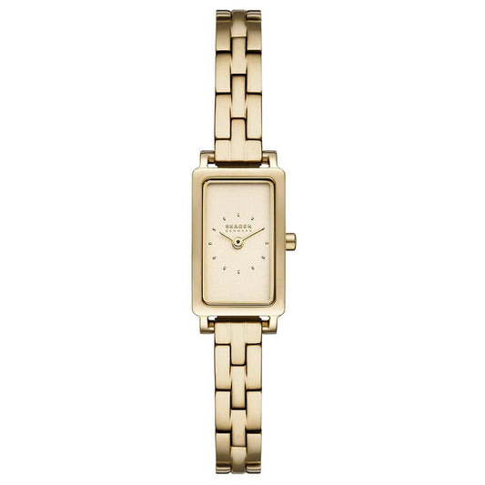 Skagen Hagen Micro SKW3154 women’s gold-tone dress watch with rectangular case, gold dial and gold-tone stainless steel bracelet.