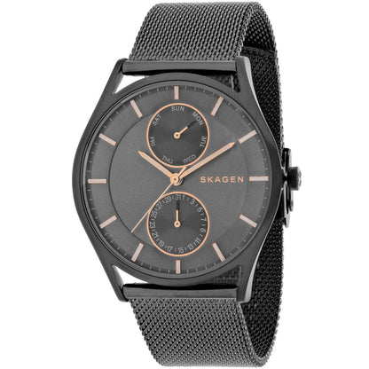 Skagen Holst SKW6180 multifunction watch with charcoal gray dial, rose gold-tone markers, black stainless steel case, and black mesh bracelet.