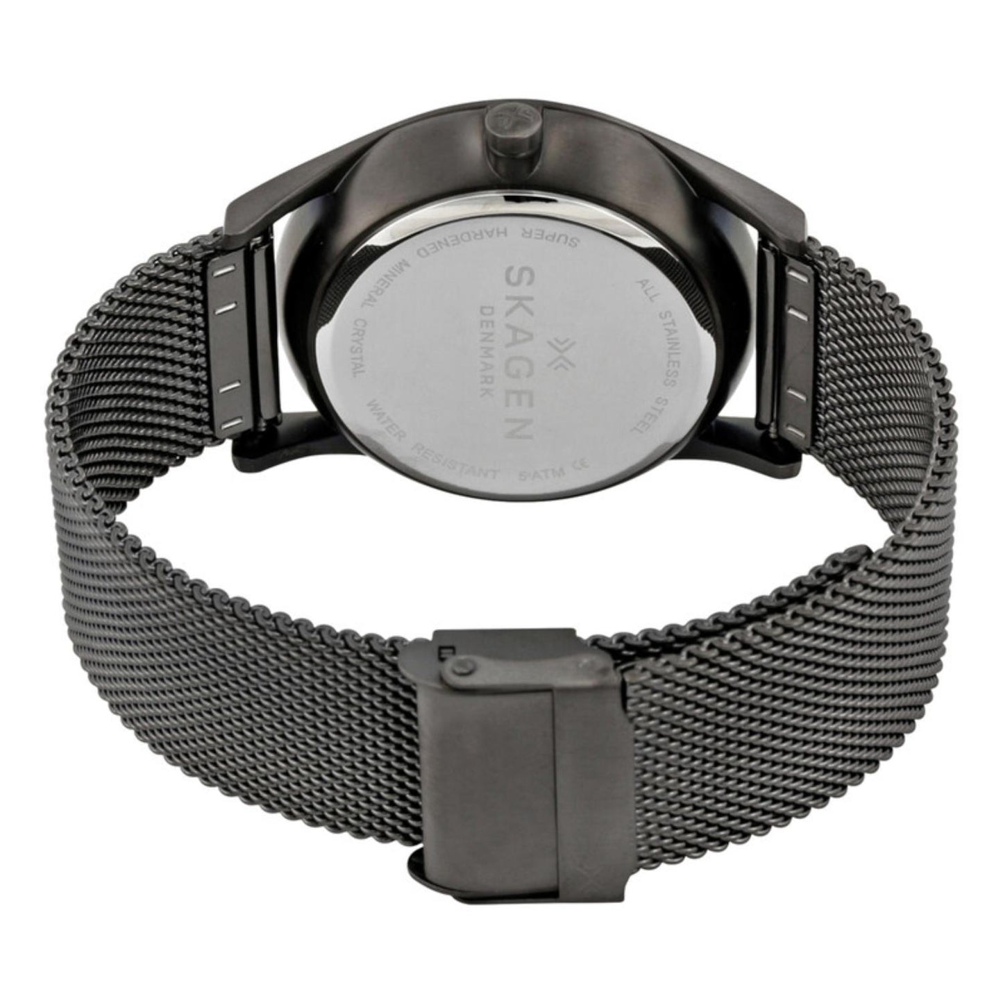 Skagen Holst SKW6180 with stainless steel rear case, black ion-plated case finish, and black mesh bracelet with fold-over clasp closure.