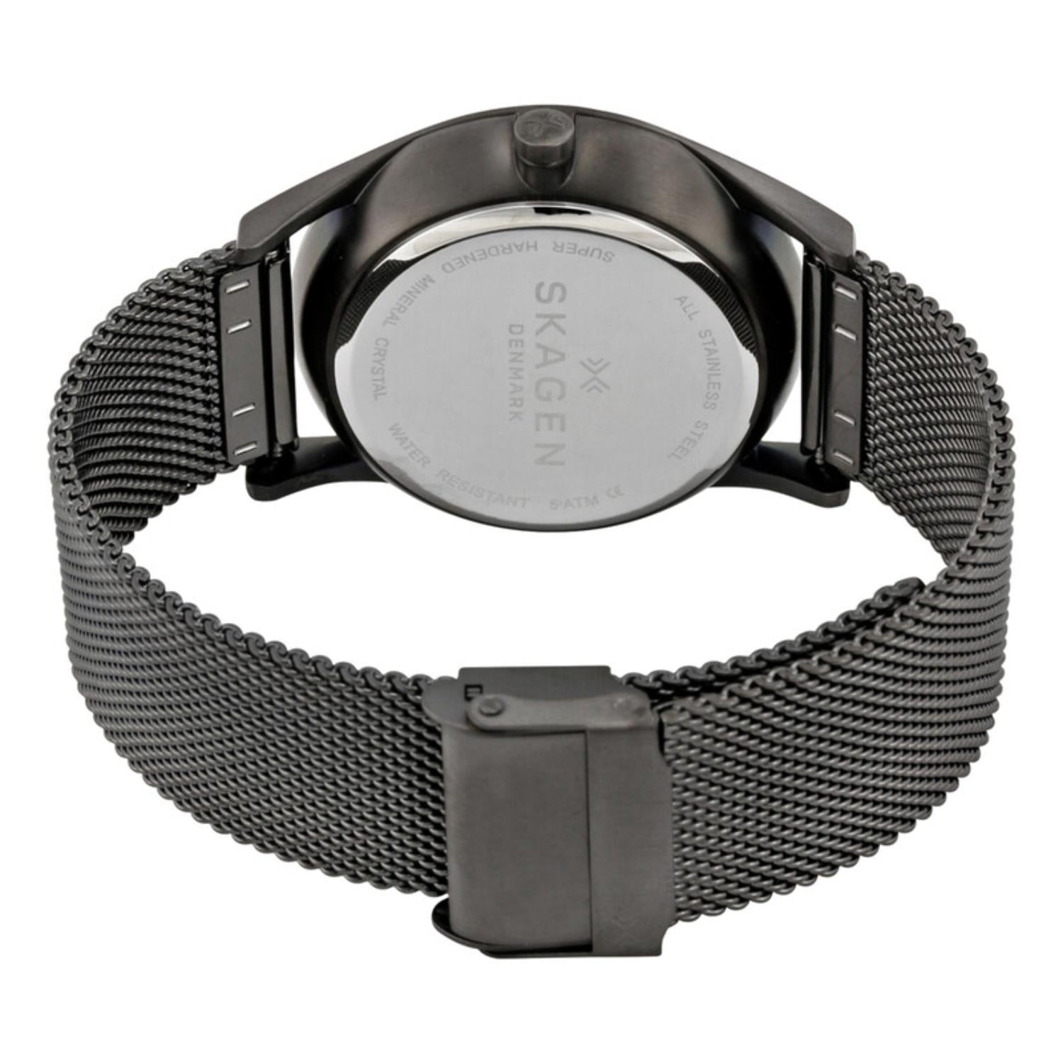 Skagen Holst SKW6180 with stainless steel rear case, black ion-plated case finish, and black mesh bracelet with fold-over clasp closure.