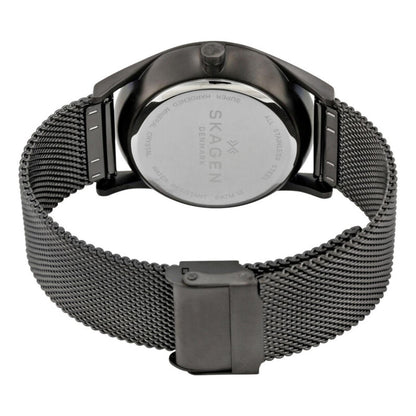 Skagen Holst SKW6180 with stainless steel rear case, black ion-plated case finish, and black mesh bracelet with fold-over clasp closure.