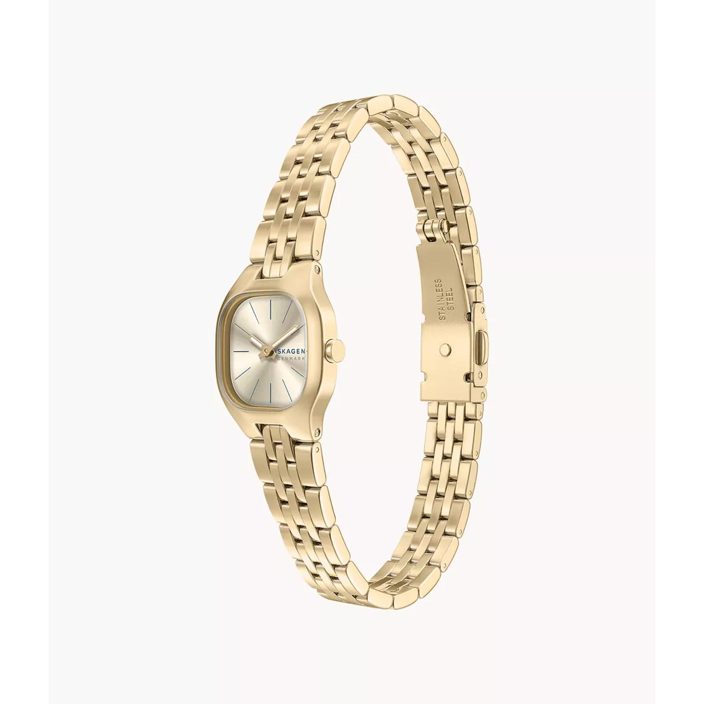Skagen Mellem Micro SKW3177 with angled sunray dial, gold-tone case, side crown, open gold-tone stainless steel bracelet, and visible clasp.