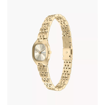 Skagen Mellem Micro SKW3177 with angled sunray dial, gold-tone case, side crown, open gold-tone stainless steel bracelet, and visible clasp.