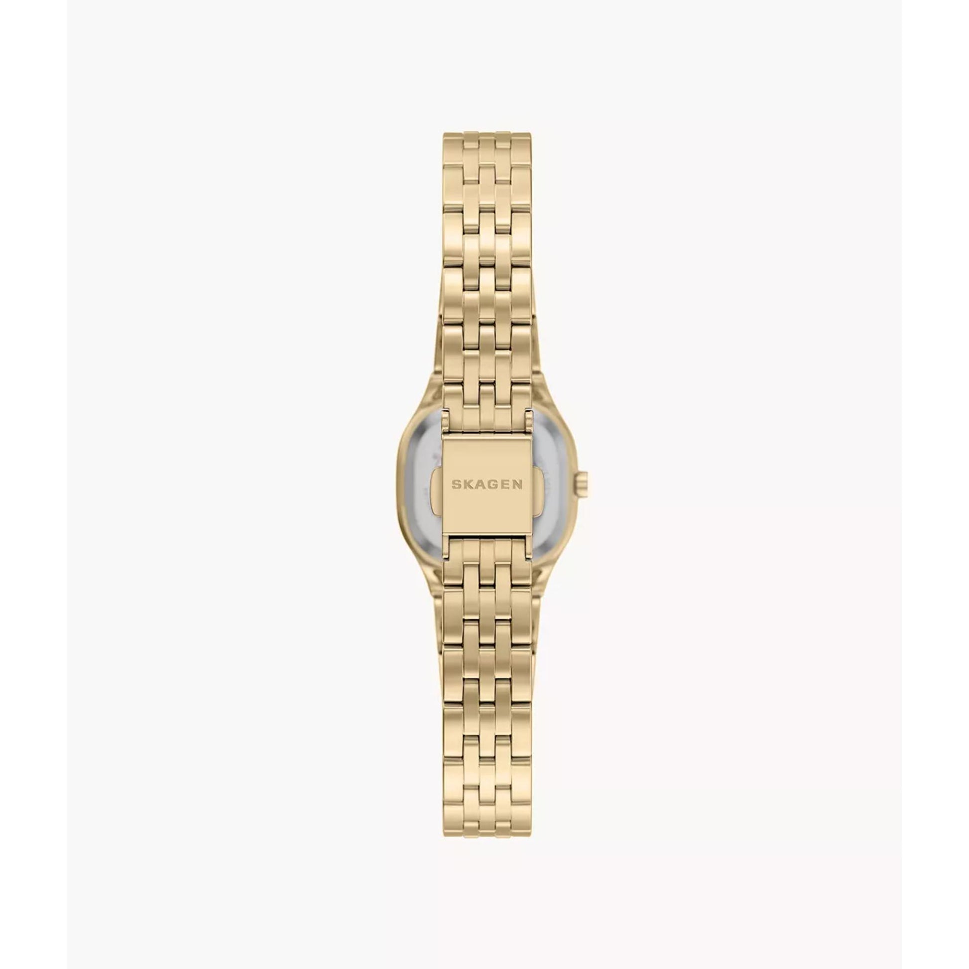 Skagen Mellem Micro SKW3177 with caseback, gold-tone stainless steel bracelet, and fold-over clasp with Skagen branding.