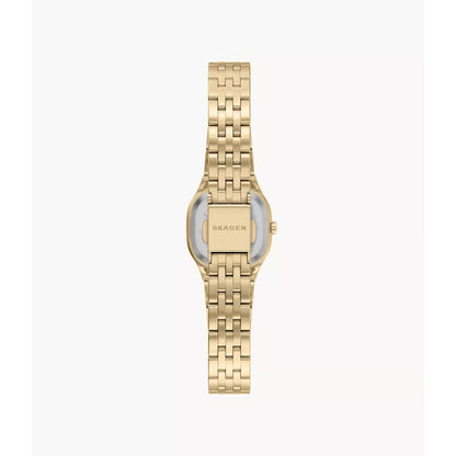 Skagen Mellem Micro SKW3177 with caseback, gold-tone stainless steel bracelet, and fold-over clasp with Skagen branding.