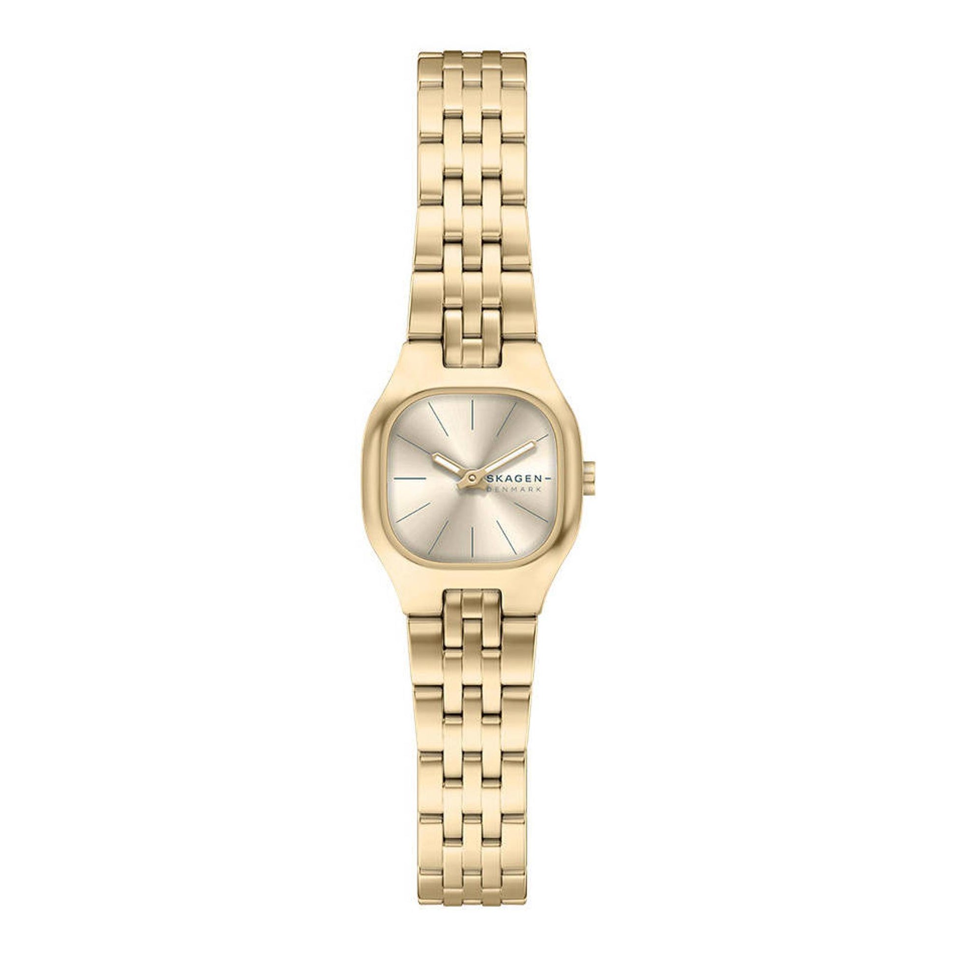 Skagen Mellem Micro SKW3177 with gold-tone case, sunray dial, slim hour markers, side crown, and gold-tone stainless steel bracelet.