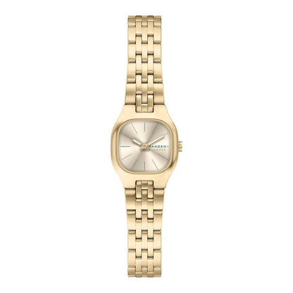 Skagen Mellem Micro SKW3177 with gold-tone case, sunray dial, slim hour markers, side crown, and gold-tone stainless steel bracelet.