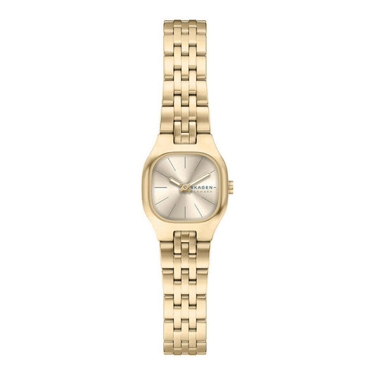 Skagen Mellem Micro SKW3177 with gold-tone case, sunray dial, slim hour markers, side crown, and gold-tone stainless steel bracelet.
