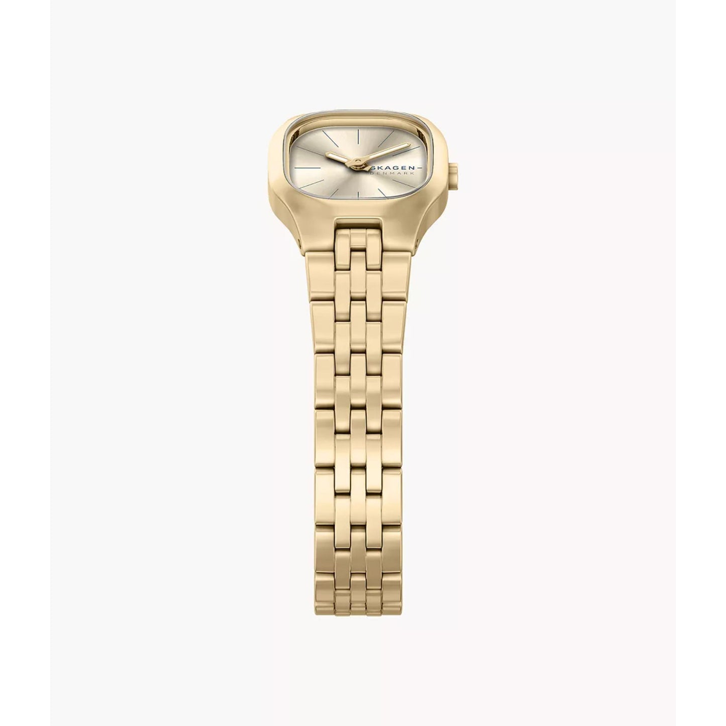 Skagen Mellem Micro SKW3177 with front sunray dial, gold-tone case, slim hour markers, side crown, and gold-tone stainless steel bracelet.