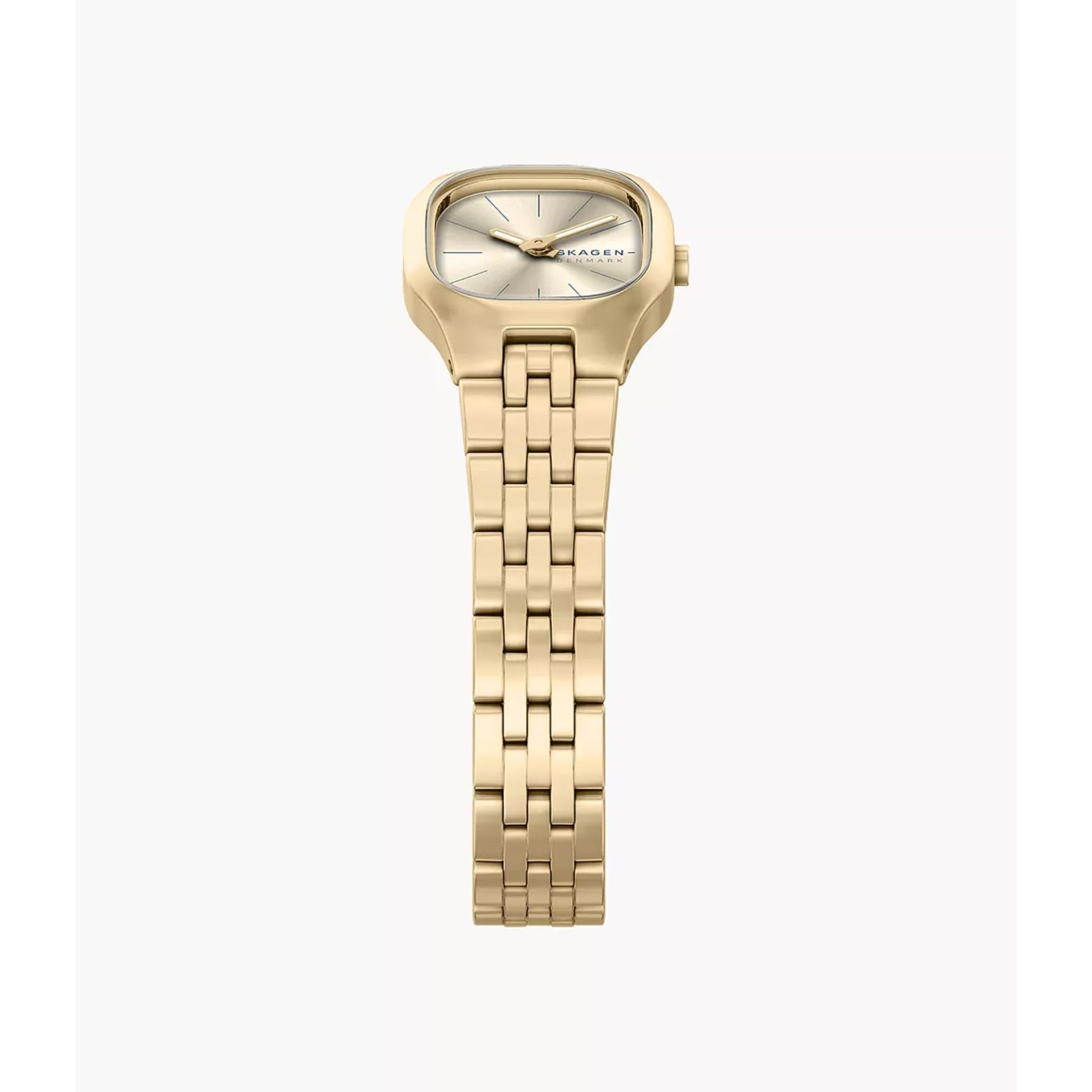 Skagen Mellem Micro SKW3177 with front sunray dial, gold-tone case, slim hour markers, side crown, and gold-tone stainless steel bracelet.