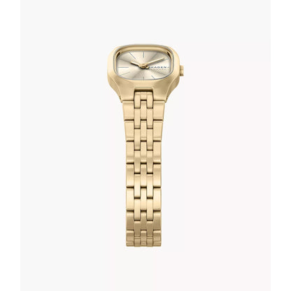 Skagen Mellem Micro SKW3177 with front sunray dial, gold-tone case, slim hour markers, side crown, and gold-tone stainless steel bracelet.