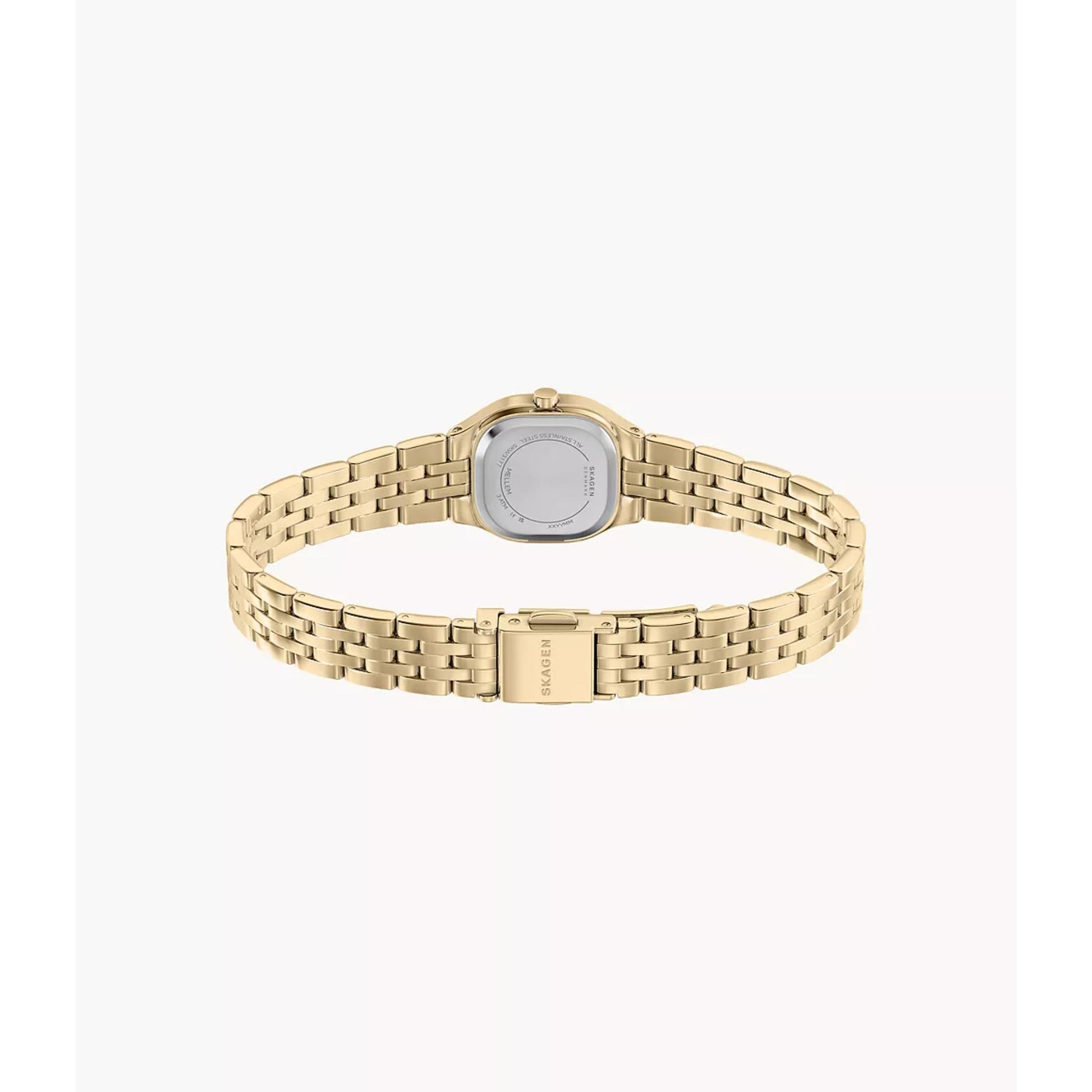 Skagen Mellem Micro SKW3177 with rear caseback view, open gold-tone stainless steel bracelet, and fold-over clasp.