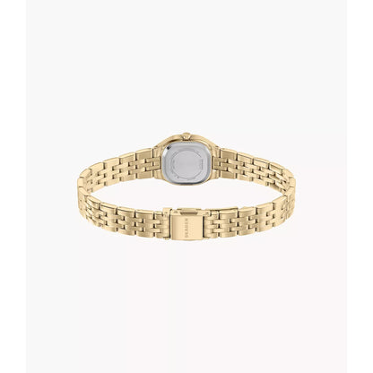 Skagen Mellem Micro SKW3177 with rear caseback view, open gold-tone stainless steel bracelet, and fold-over clasp.