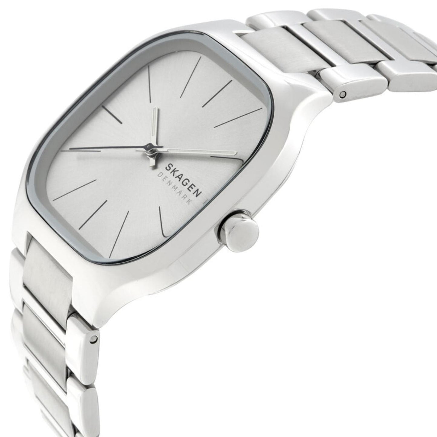Skagen Mellem SKW6934 women’s minimalist stainless steel watch with silver dial, rounded square case and integrated stainless steel bracelet shown in angled close-up view.