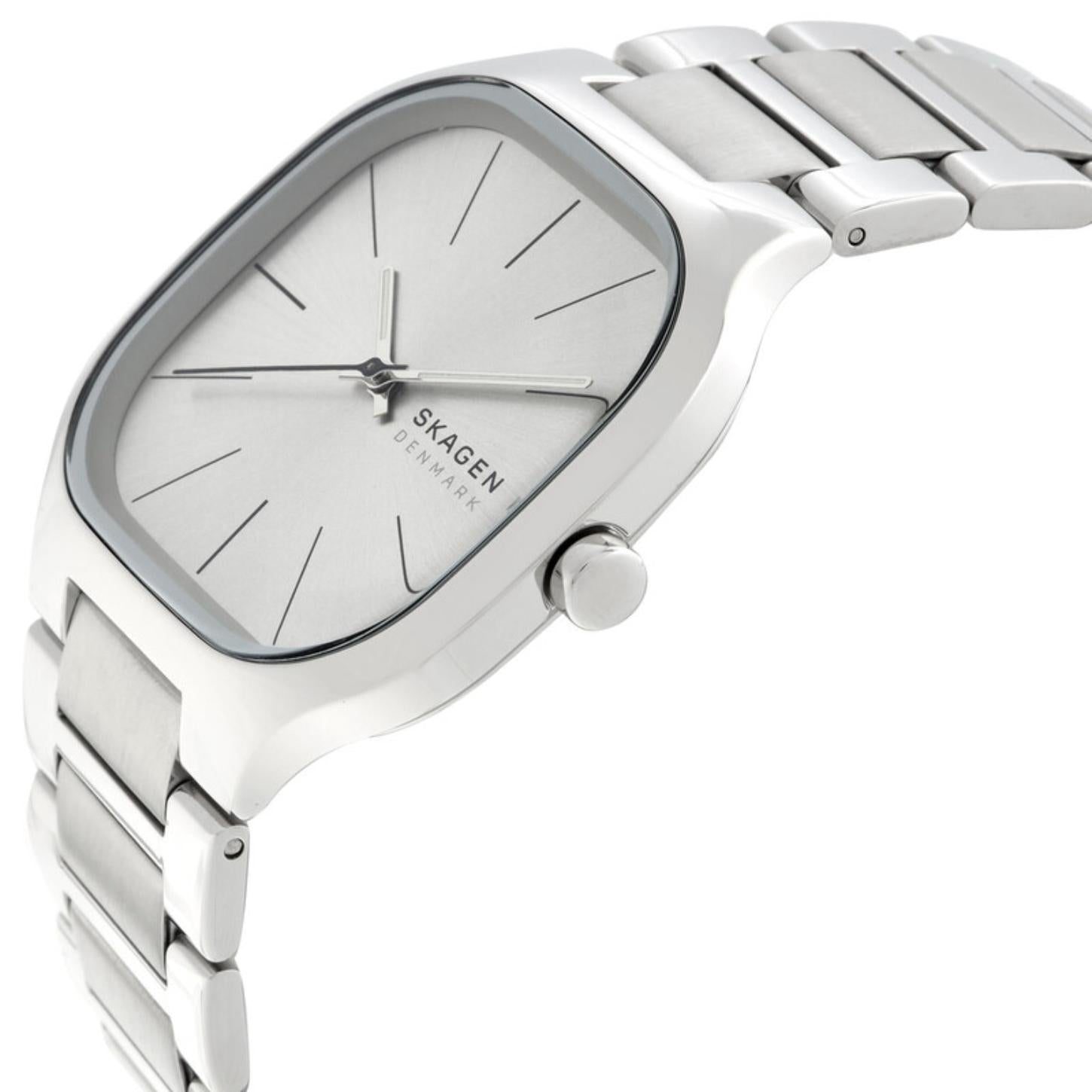 Skagen Mellem SKW6934 women’s minimalist stainless steel watch with silver dial, rounded square case and integrated stainless steel bracelet shown in angled close-up view.