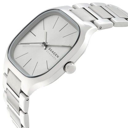 Skagen Mellem SKW6934 women’s minimalist stainless steel watch with silver dial, rounded square case and integrated stainless steel bracelet shown in angled close-up view.
