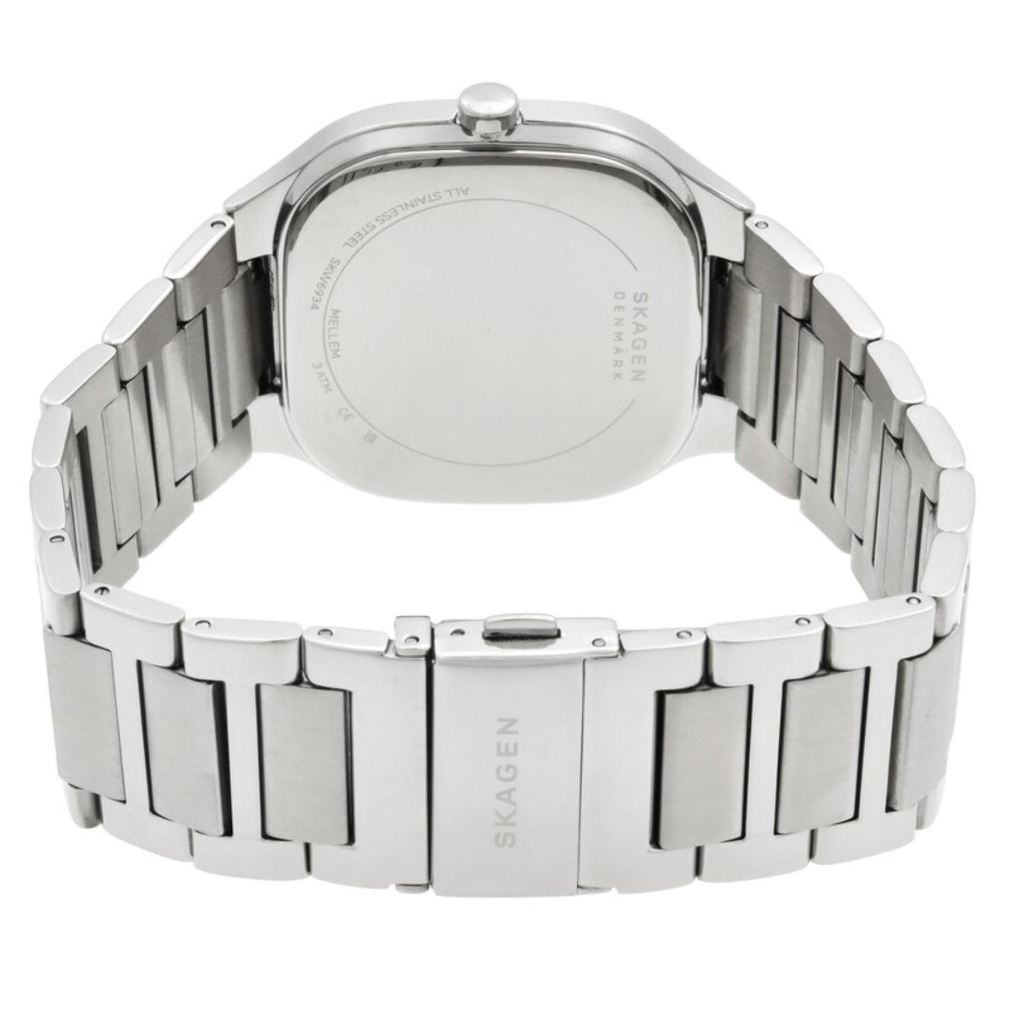Skagen Mellem SKW6934 women’s minimalist stainless steel watch with engraved caseback, integrated stainless steel bracelet and Skagen clasp detail.