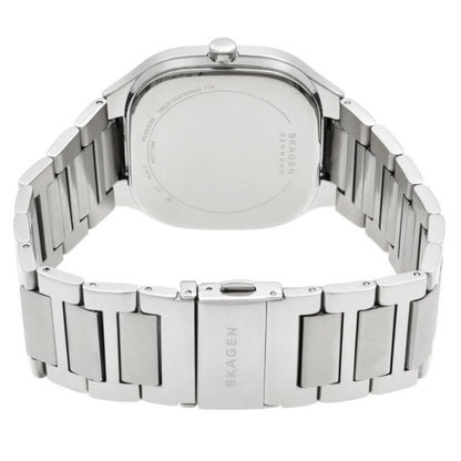Skagen Mellem SKW6934 women’s minimalist stainless steel watch with engraved caseback, integrated stainless steel bracelet and Skagen clasp detail.
