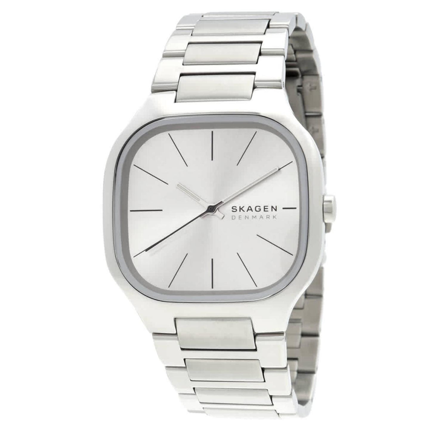 Skagen Mellem SKW6934 women’s minimalist stainless steel watch with silver dial, rounded square case and integrated stainless steel bracelet.