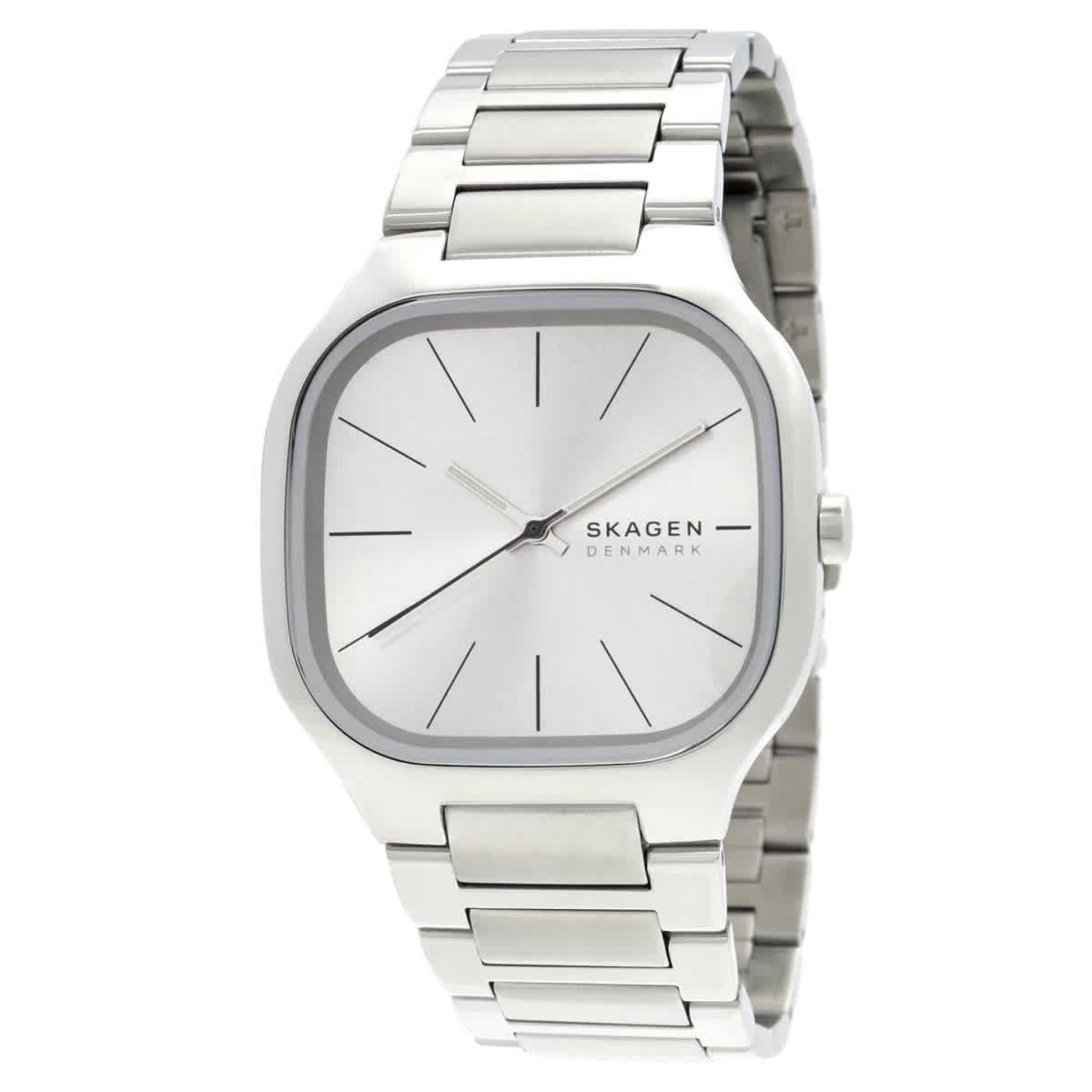 Skagen Mellem SKW6934 women’s minimalist stainless steel watch with silver dial, rounded square case and integrated stainless steel bracelet.