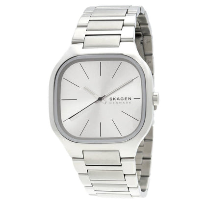 Skagen Mellem SKW6934 women’s minimalist stainless steel watch with silver dial, rounded square case and integrated stainless steel bracelet.