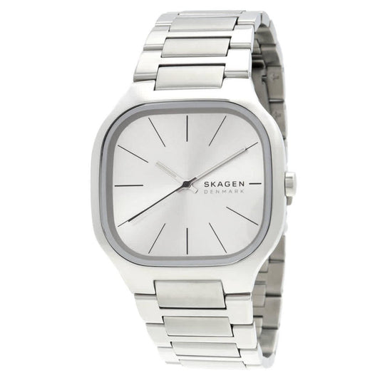 Skagen Mellem SKW6934 women’s minimalist stainless steel watch with silver dial, rounded square case and integrated stainless steel bracelet.