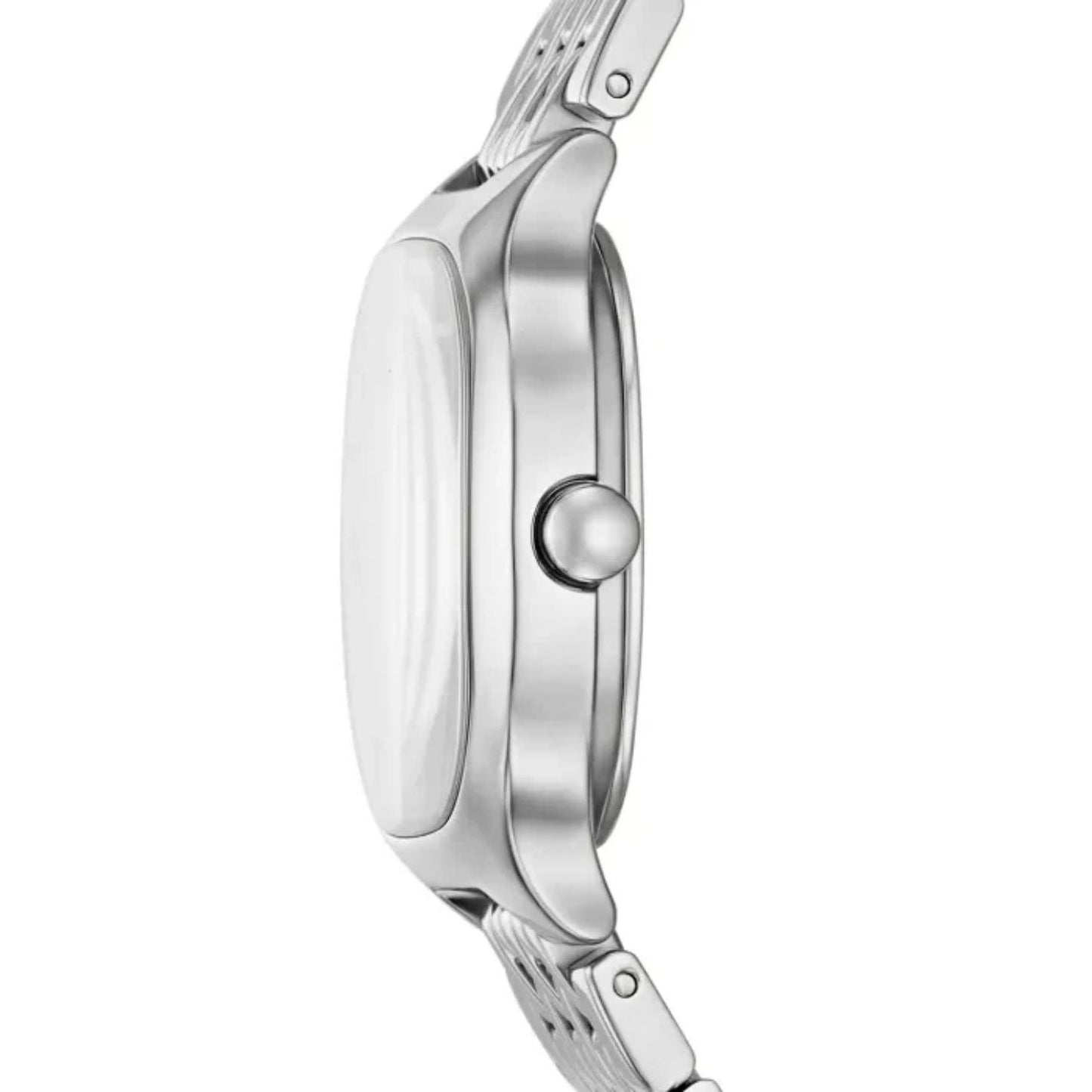 Skagen Mellem SKW6934 women’s minimalist stainless steel watch with slim rounded square case and integrated stainless steel bracelet shown in side profile.