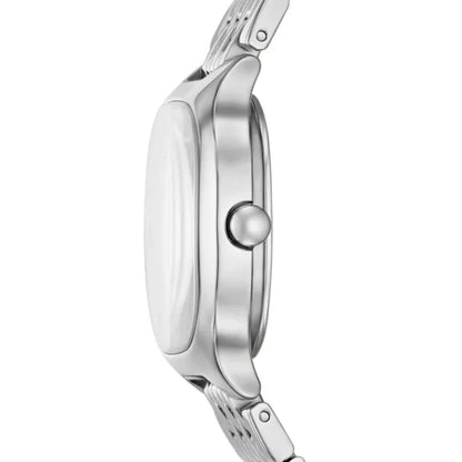 Skagen Mellem SKW6934 women’s minimalist stainless steel watch with slim rounded square case and integrated stainless steel bracelet shown in side profile.