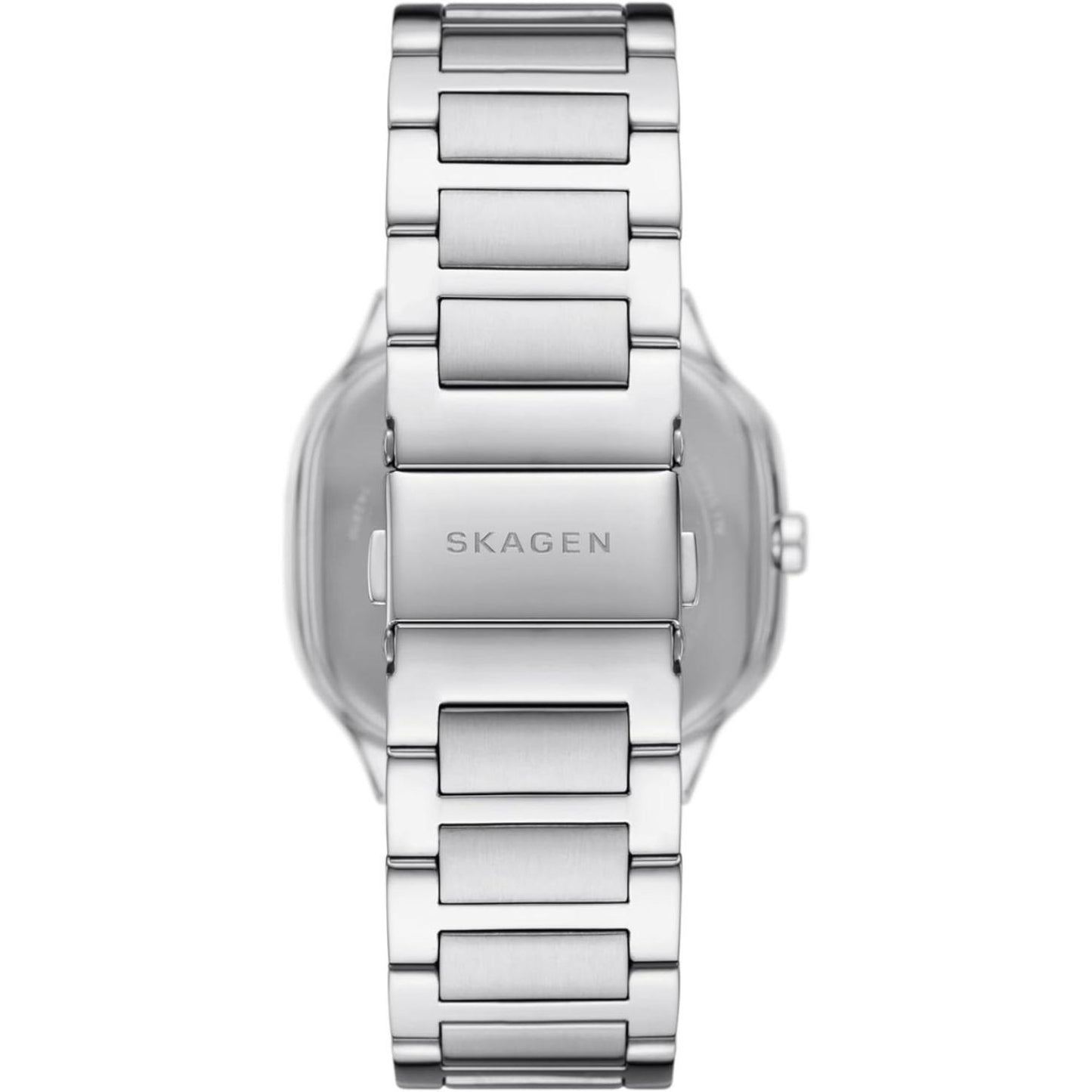 Skagen Mellem SKW6934 women’s minimalist stainless steel watch with brushed integrated stainless steel bracelet and engraved Skagen clasp detail.