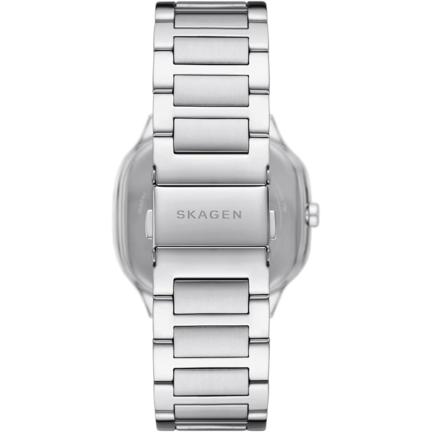 Skagen Mellem SKW6934 women’s minimalist stainless steel watch with brushed integrated stainless steel bracelet and engraved Skagen clasp detail.
