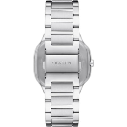 Skagen Mellem SKW6934 women’s minimalist stainless steel watch with brushed integrated stainless steel bracelet and engraved Skagen clasp detail.