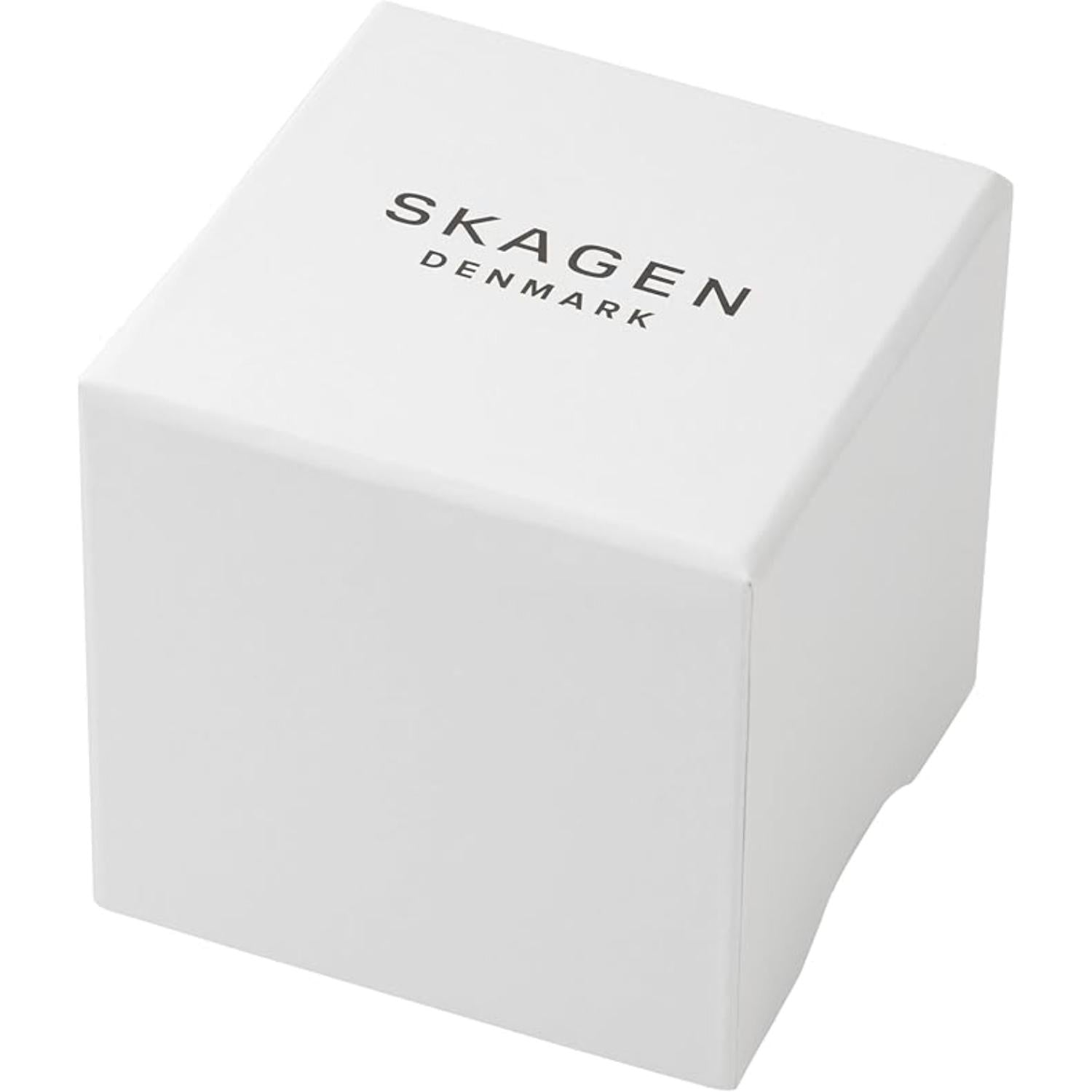 Original Skagen Denmark watch presentation box in white finish with minimalist Skagen branding on lid.