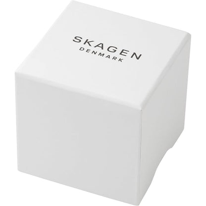 Original Skagen Denmark watch presentation box in white finish with minimalist Skagen branding on lid.