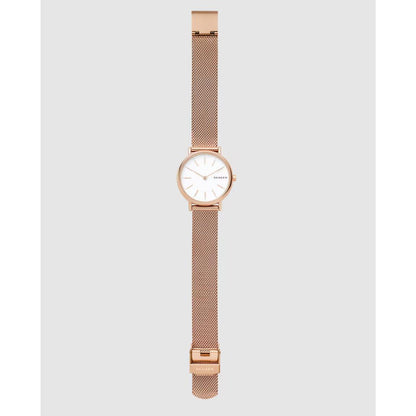 Vista frontal completa del reloj Skagen Signatur Lille SKW2694 para mujer, con esfera blanca minimalista y correa de malla milanesa en color rosa dorado.