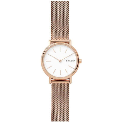 Reloj Skagen Signatur Lille SKW2694 de mujer con malla milanesa rosa dorada y esfera blanca, vista frontal sobre fondo blanco.