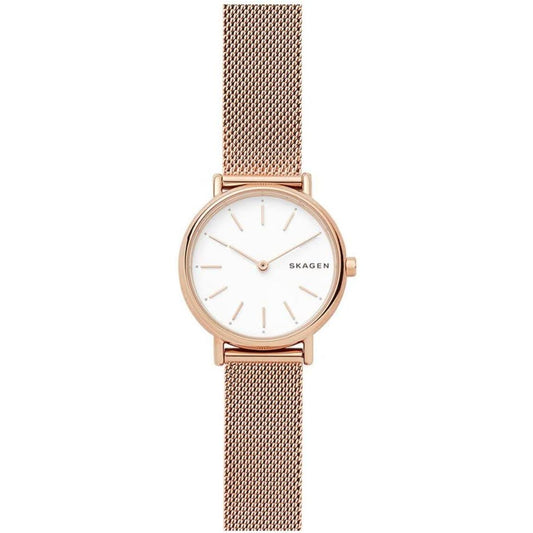 Reloj Skagen Signatur Lille SKW2694 de mujer con malla milanesa rosa dorada y esfera blanca, vista frontal sobre fondo blanco.