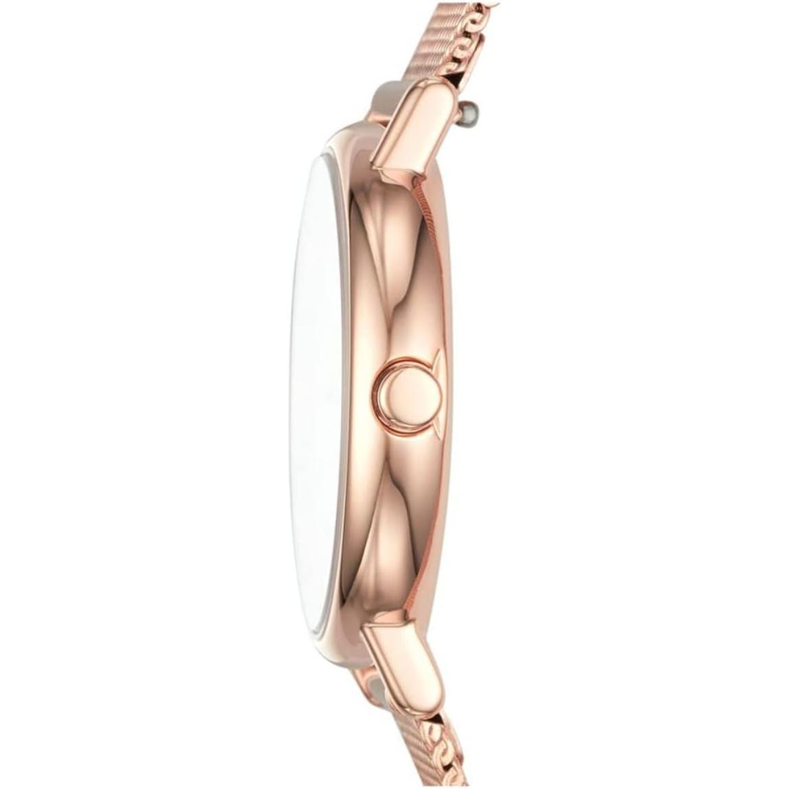 Vista lateral del reloj Skagen Signatur Lille SKW2694 para mujer, mostrando la caja ultrafina en acero inoxidable rosa dorado con corona integrada.