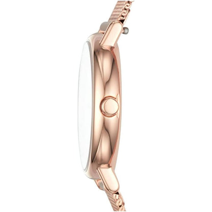 Vista lateral del reloj Skagen Signatur Lille SKW2694 para mujer, mostrando la caja ultrafina en acero inoxidable rosa dorado con corona integrada.
