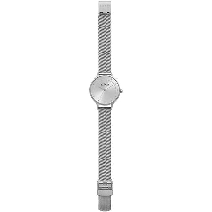 Skagen SKW2149 minimalist watch with white dial, crystal hour markers, polished silver-tone case, and full-length stainless steel mesh bracelet.