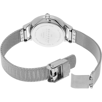 Skagen SKW2149 with stainless steel rear case and silver-tone mesh bracelet featuring an open adjustable clasp closure and slim minimalist profile.