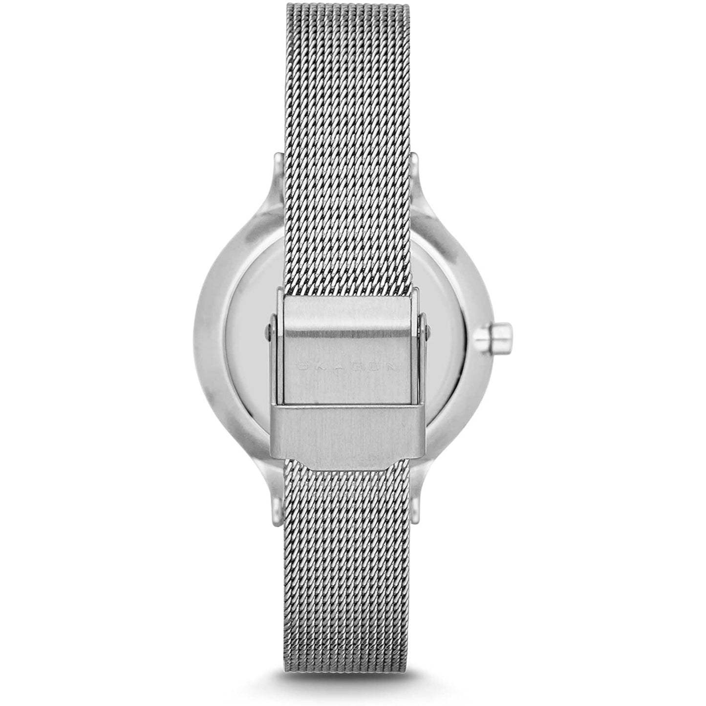 Skagen SKW2149 with brushed stainless steel rear case and silver-tone mesh bracelet featuring an adjustable sliding clasp closure.
