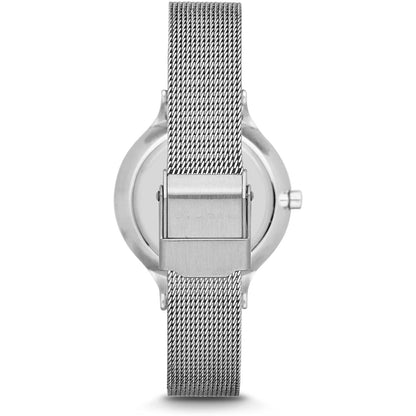 Skagen SKW2149 with brushed stainless steel rear case and silver-tone mesh bracelet featuring an adjustable sliding clasp closure.