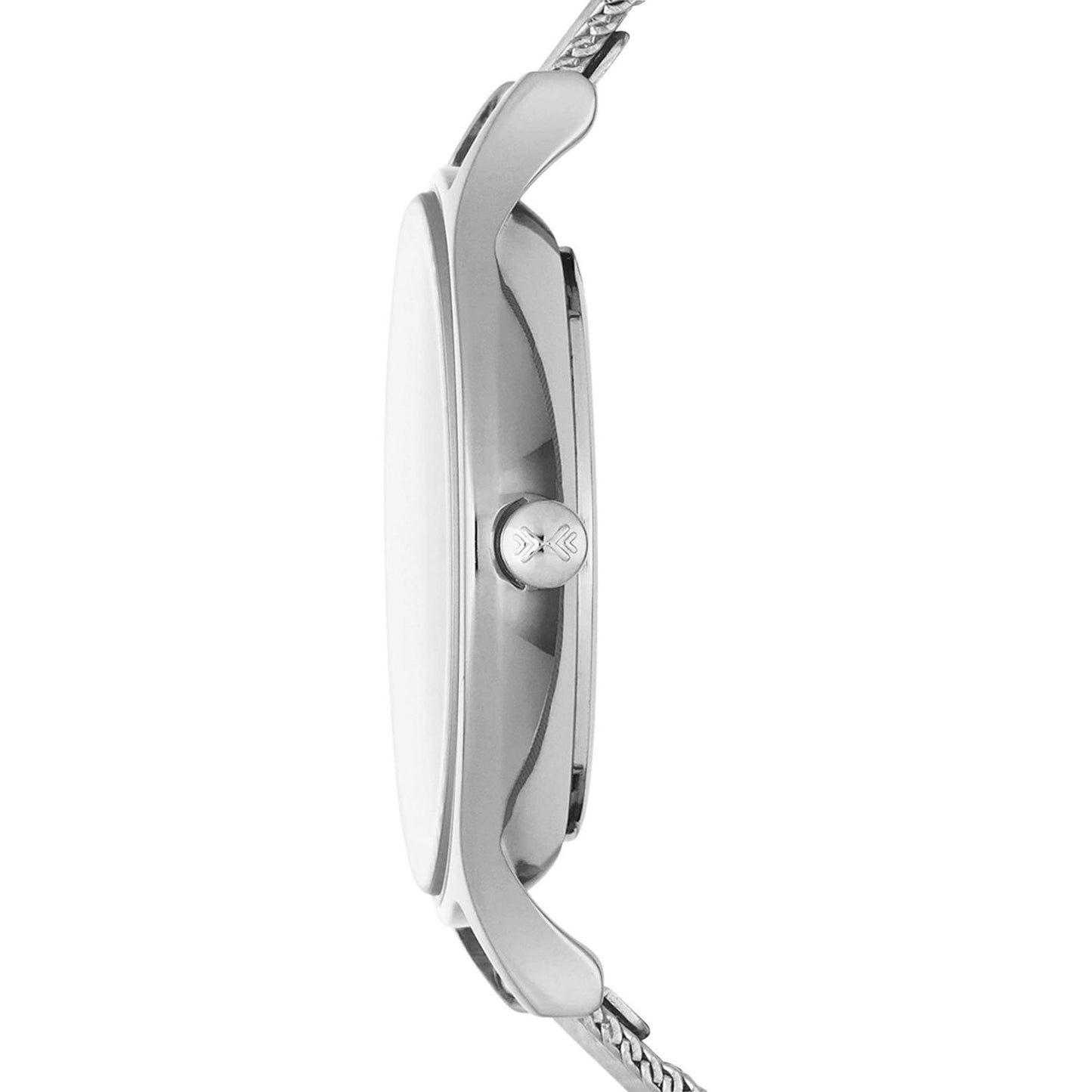Skagen SKW2149 with slim silver-tone case profile, engraved minimalist crown, and stainless steel mesh bracelet connection.
