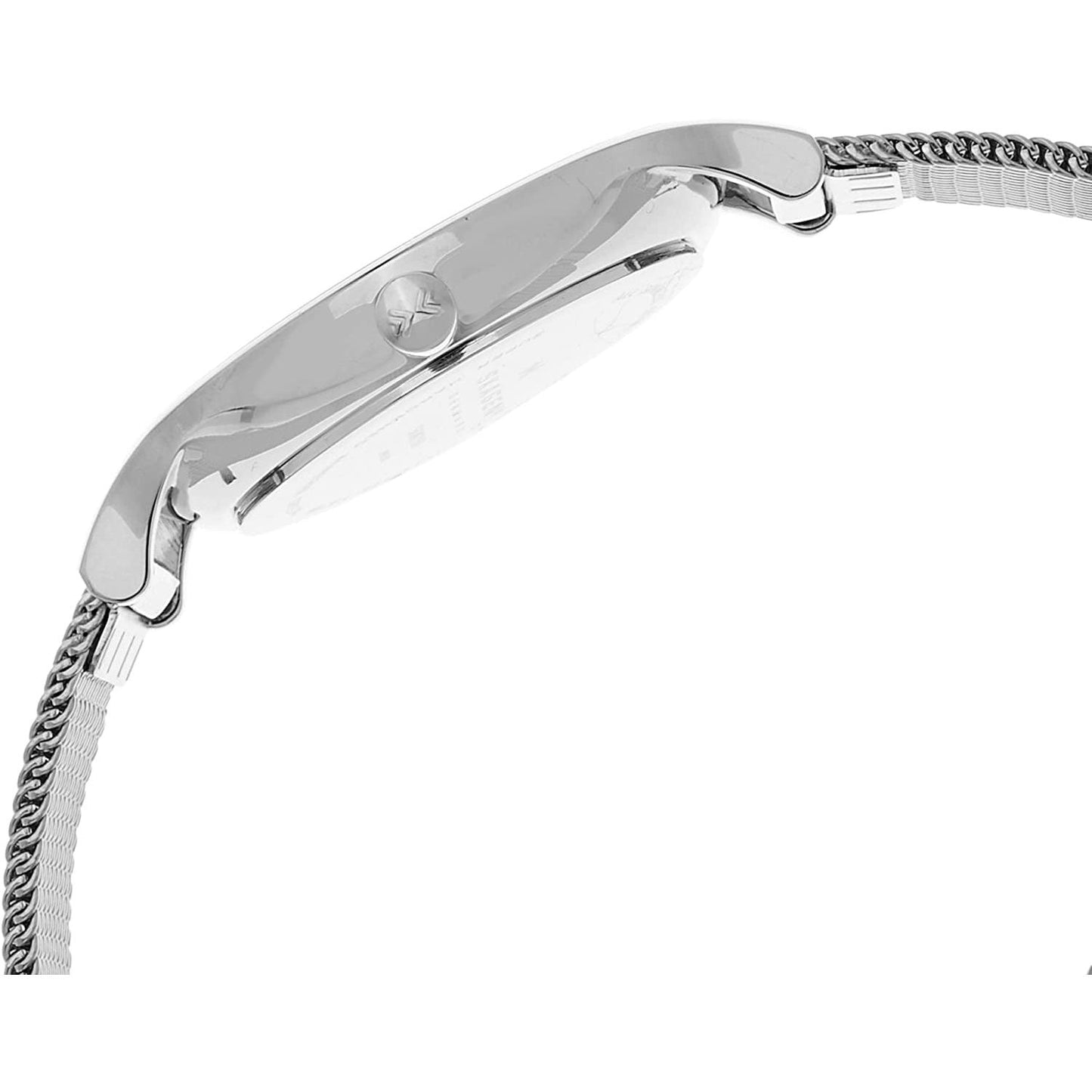 Skagen SKW2149 with ultra-slim silver-tone case profile, minimalist crown, and stainless steel mesh bracelet attachment.