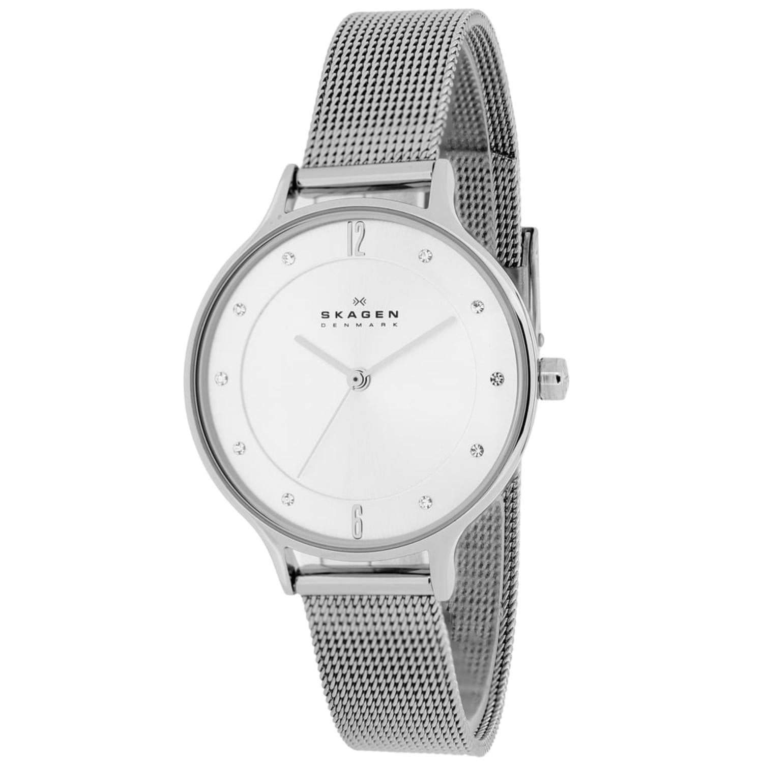 Skagen SKW2149 minimalist watch with white dial, crystal hour markers, polished silver-tone case, and stainless steel mesh bracelet.
