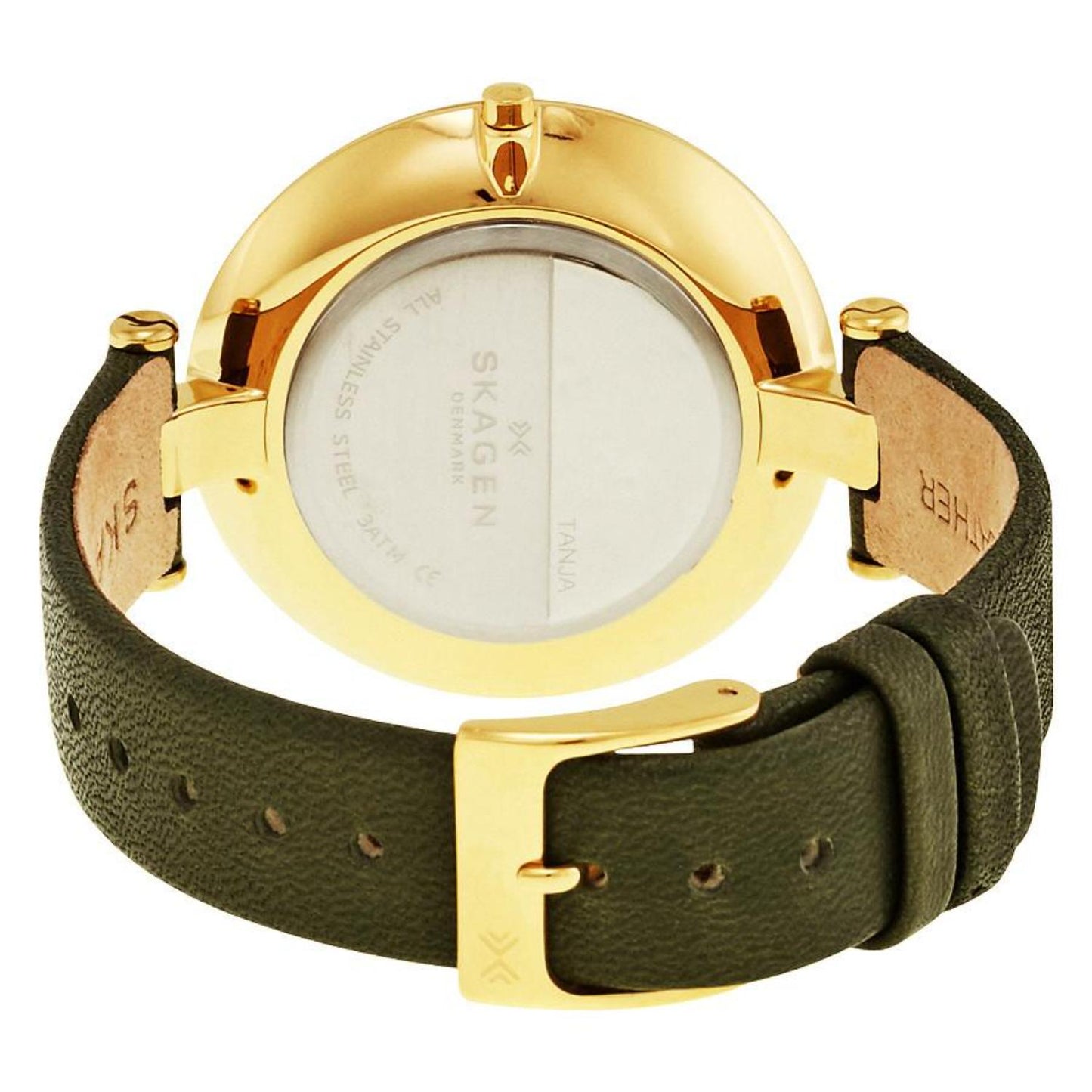 Skagen SKW2483 with polished gold-tone rear case, olive green leather strap, and gold-tone pin buckle closure with slim minimalist design.