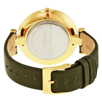 Skagen SKW2483 with polished gold-tone rear case, olive green leather strap, and gold-tone pin buckle closure with slim minimalist design.